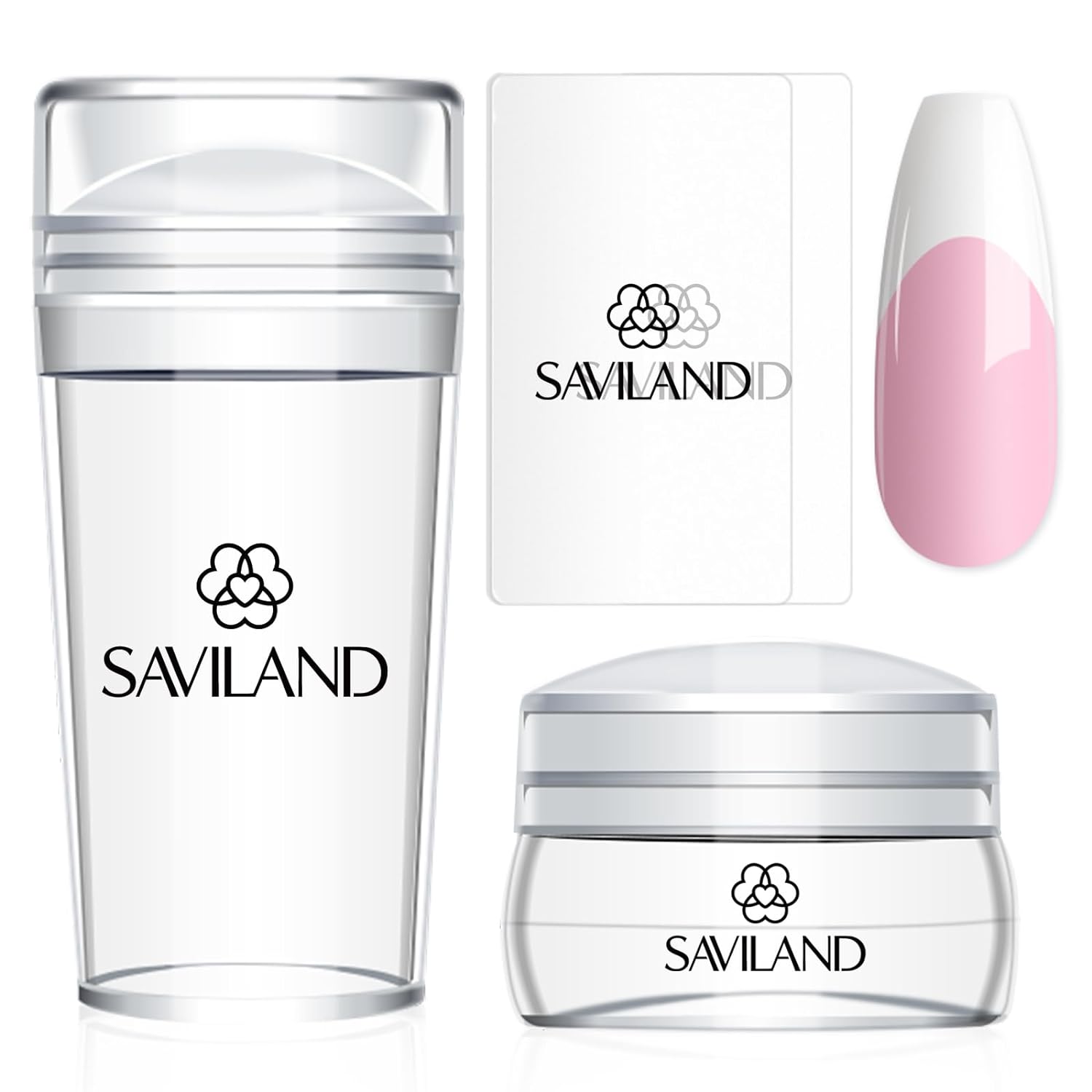 Saviland French Tip Nail Stamp – 4PCS Nail Art Stamper Kit Clear Silicone Nail Stamping Long & Short Jelly Stamper for Nails with Scrapers Nail Stamper Kit for French Manicure Home DIY Nail Art Salon