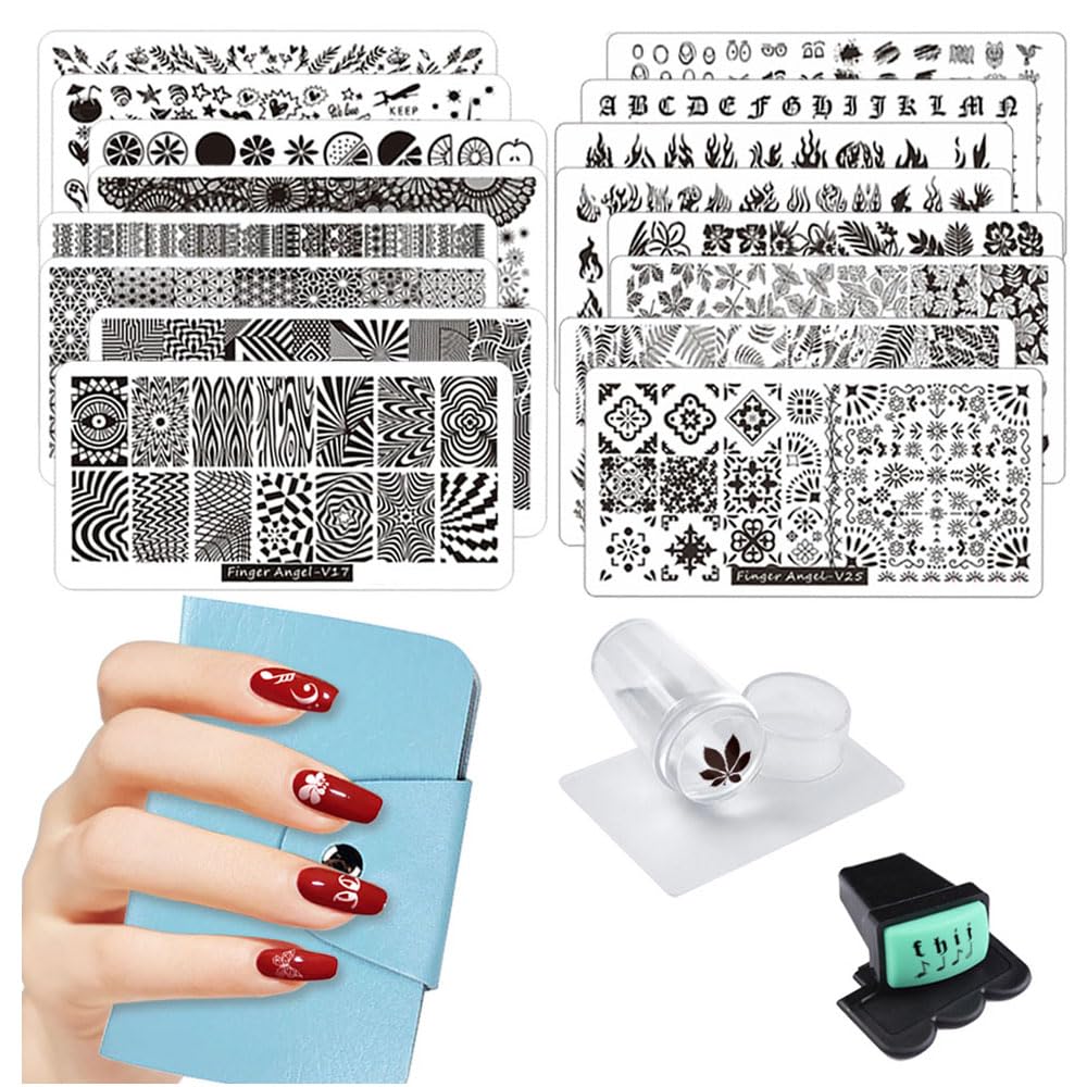 21Pcs Nail Stamp Plate Set 16Pcs Mix Design Stamping nail Art Plate + 2Nail Stamper + 2Scraper+1Pcs Case Nails Art Stamping Plate Scraper Stamper Set Leaves Flowers Nail plate V17-32