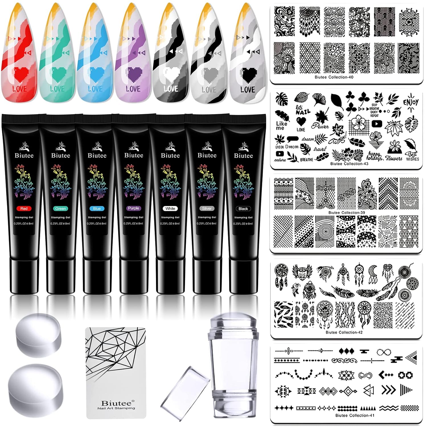 7 Colors Nail Stamping Polish Gel Nail Stamper Kit with 5pcs Nail Stamping Plates for Nails Art Stamp Beginners Kit