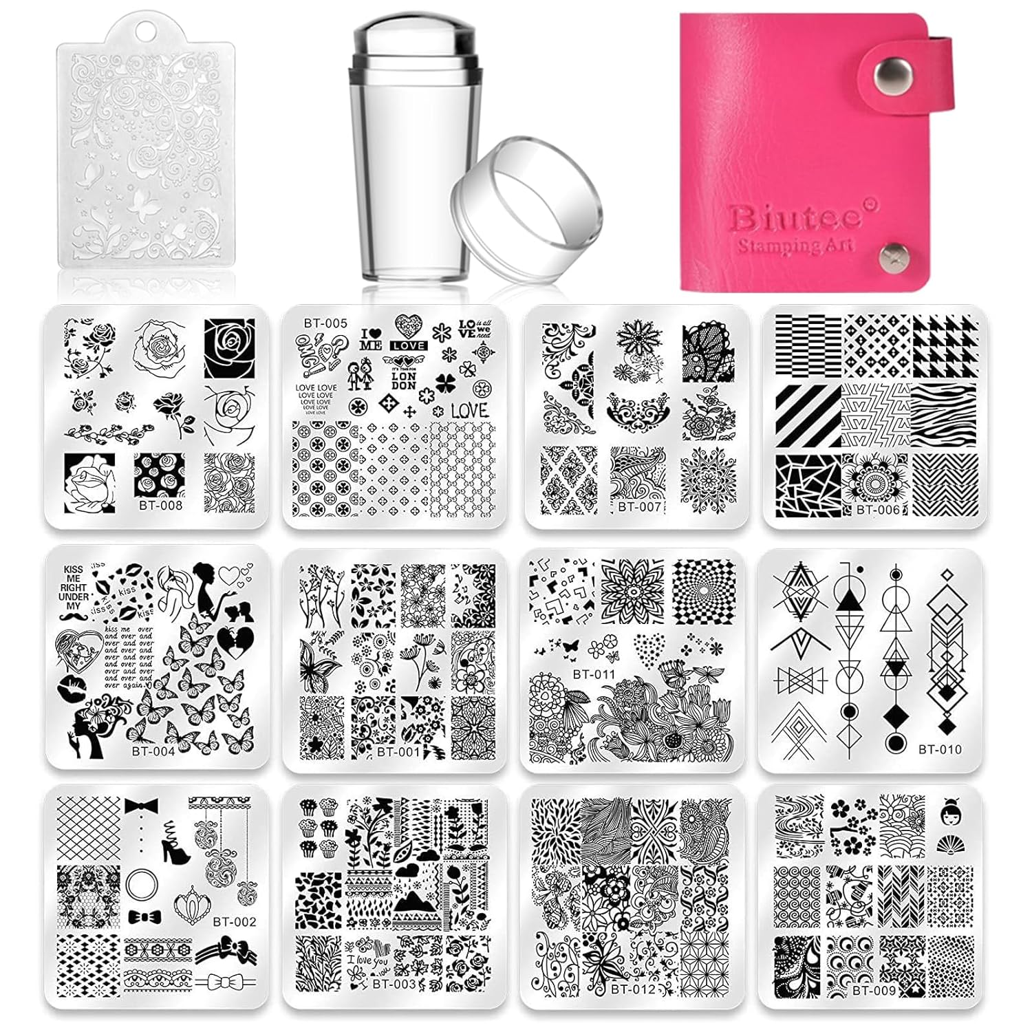 Biutee Nail Stamping Plates Set 12pcs Nail Plates 1stamper 1scraper 1storage Bag Nail Plate Template Image Plate Stencil Nails Tool (C)