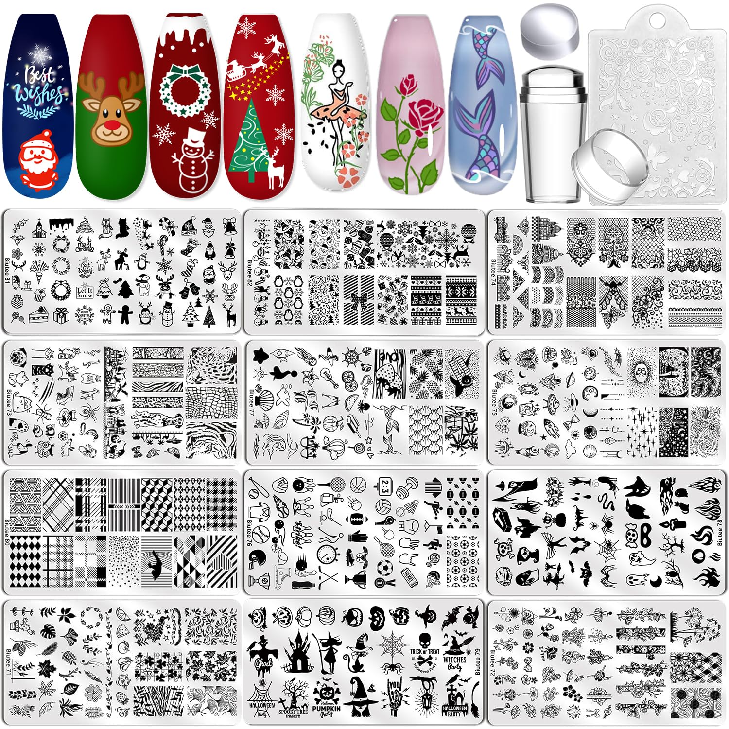Biutee Nail Art Stamping Plate Set Nail Stamping Kit with Silicone Nail Stamper Flower Leaves Animal Lace Star Holiday Design Nail Stamp Plate Christmas Nail Stamp Template